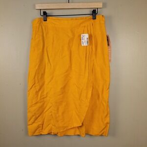 Leslie Fay Skirt Women 18W 32W Yellow Gold Linen Blend Midi Wrap Style Plus Size